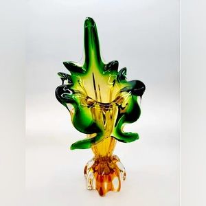 Art Glass Sommerso ‘Jack In The Pulpit’ Vintage Vase Amber Green